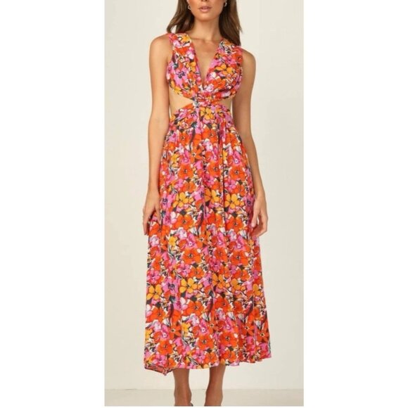 All About May Long Elle Dress 10 Large Halter Tie Back Floral Cut Out Floral - Picture 5 of 11